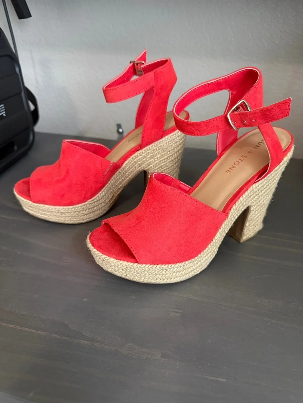 Sun + Stone Coral Red Suede Espadrille Wedge Sandals size 8